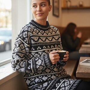 J.Jill Nordic Fair Isle Knit Sweater | Black & Ivory | Cozy Winter Classic NWT